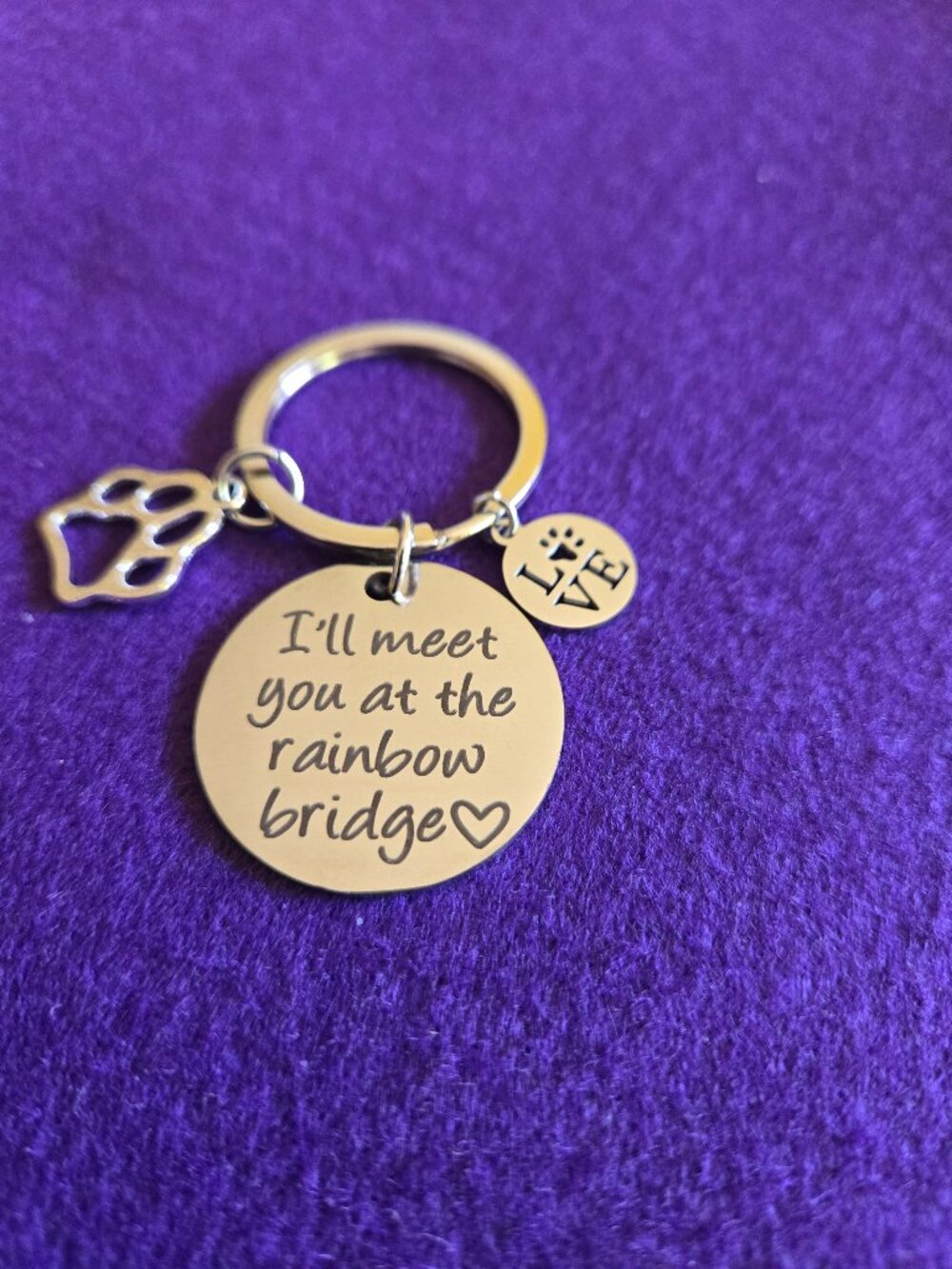 Pet Memorial Keychain: Stainless Steel Paw Print, Rainbow Bridge Charm
